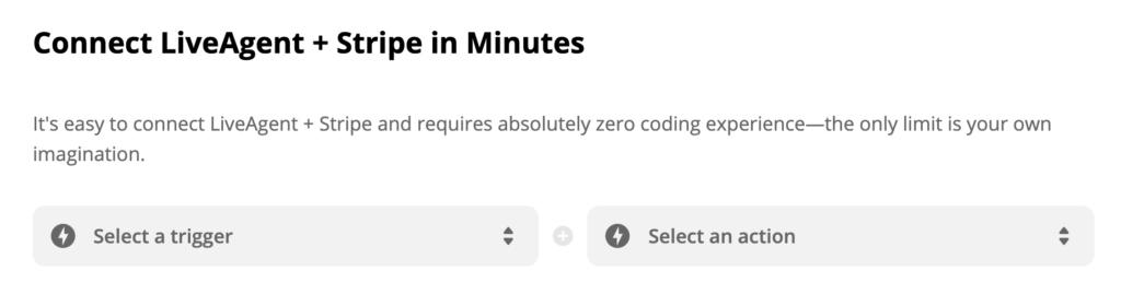 Trigger and action selection on Zapier's Strip and LiveAgent integration page