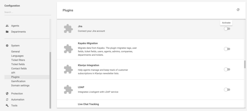 Where to find Jira plugin in LiveAgent settings